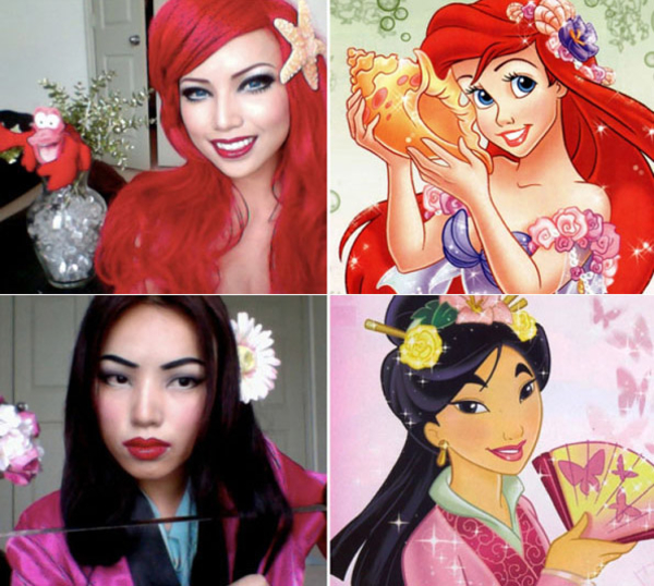 Девушка с помощью макияжа превращается в диснеевских принцесс