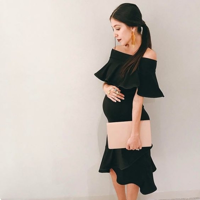 Maternity Stripe Off Shoulder Knee-Length Dress