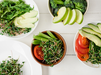 Летний салат с микрозеленью, овощами и моцареллой